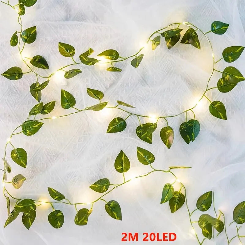 2M Green Leaf String Lights Artificial Ivy Vine Fairy Light Wedding Party Decoration Christmas Home Room Decor Wall Plant Wreath